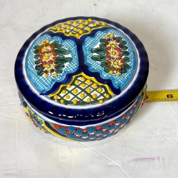 MEXICAN Talavera Lidded Trinket Box Clay Pottery Handmade Round Jewelry Holder - Picture 4 of 5